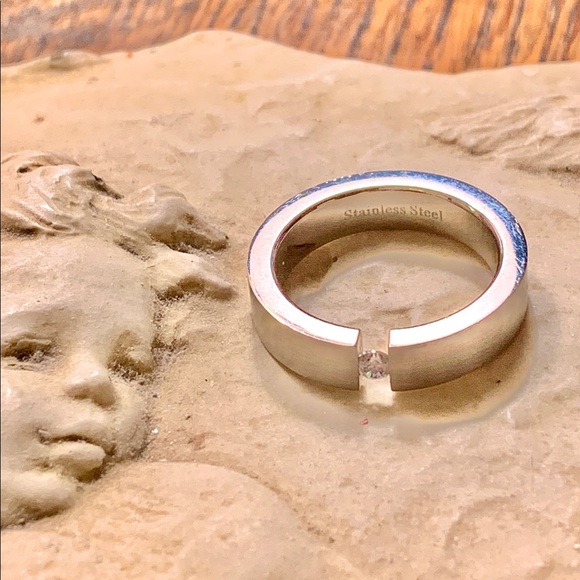 Contemporary Tension Steel/Diamond Solitaire Ring - Picture 2 of 5